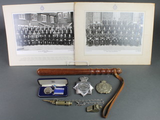 A Police Long Service and Good Conduct medal to Inspector Michael Taswell together with Brighton Police Cap badge, Metropolitan Police ditto, 2 whistles, a truncheon and 2 photos of Officers Course at Hendon and Metropolitan Police training school 