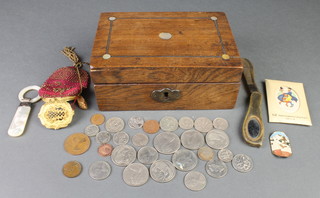 Coins, minor a quantity, a silver mother of pearl teether, a trinket box etc 