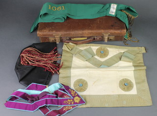 A Scottish Constitution apron and sash, Lennox 1061, 3 mark charity collarettes and a tasseled fezz, cased