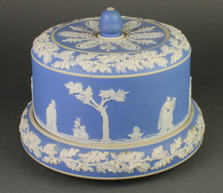 A Victorian blue Jasperware cheese dome and stand decorated with classical figures and scrolling acorns 11" 