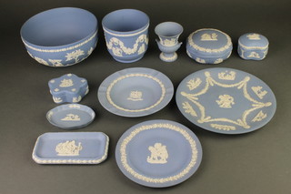 A Wedgwood blue Jasperware bowl 10", 2 plates, 3 boxes, jardiniere, vase and 2 dishes 