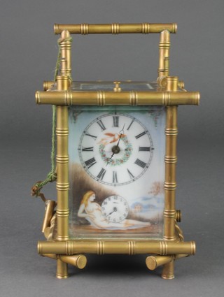 A reproduction 19th Century style 8 day striking carriage timepiece with enamelled dial and Roman numerals contained in a gilt metal and enamel case 