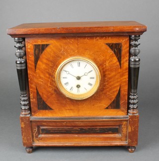 A 19th Century French timepiece with enamelled dial and Roman numerals in a square inlaid mahogany case