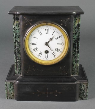 A Victorian French 8 day timepiece with enamelled dial, Roman numerals, contained in a black and grey marble architectural case 