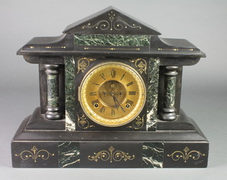 Ansonia, an American 8 day striking mantel clock with visible escapement, gilt dial and Roman numerals, contained in a 2 colour marble architectural case 