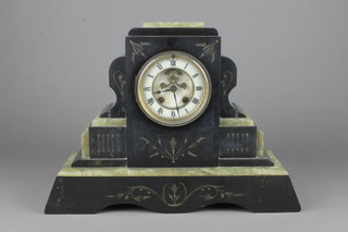 A French 8 day striking clock with enamelled dial, Roman numerals and visible escapement, contained in a stepped marble 2 colour case 