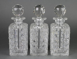 3 cut glass square decanters and stoppers 8" 