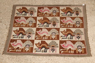 A Kilim woven rug/wall panel decorated mythical beasts 58 1/2" x 46" 