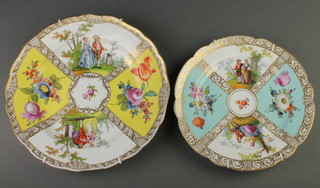 A Dresden cabinet plate the turquoise ground with panels of flowers and figures 9", a Meissen ditto yellow ground with spring flowers and figures 10" 