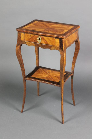 A 19th/20th Century Kingwood 2 tier occasional table with crossbanded and quarter veneered top fitted a drawer with undertier, raised on French cabriole supports 29"h x 16"w x 12 1/2"d 