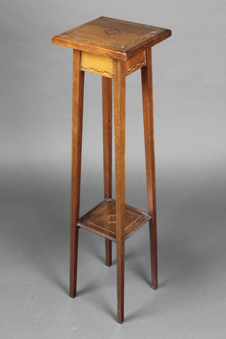 An Edwardian square inlaid mahogany 2 tier jardiniere stand, raised on tapered supports 37"h x 9 1/2"w 