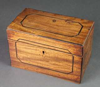 A rectangular Georgian inlaid mahogany twin compartment tea caddy with hinged lid 5 1/2"h x 8 1/2"w x 4 1/2"d 