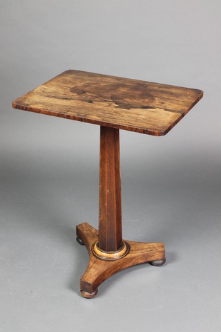 A William IV rectangular rosewood wine table, raised on a chamfered column with triform base 28"h x 22"w x 16"d 