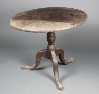 A 19th Century circular snap top mahogany tea table, raised on a column and tripod base 25"h x 30" diam. 