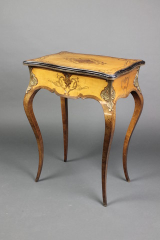 A 19th Century Continental inlaid walnut dressing table of serpentine outline, the hinged lid fitted a mirror and with tray to interior, raised on cabriole supports with gilt metal mounts 29"h x 22"w x 15"d 