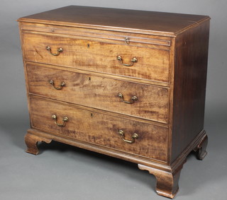 A 19th Century rectangular mahogany chest fitted a brushing slide above 3 long graduated drawers with brass swan neck drop handles and brass escutcheons, raised on ogee bracket feet (formerly the base of a chest on chest) 30"h x 42 1/2"w x 22 1/2"d