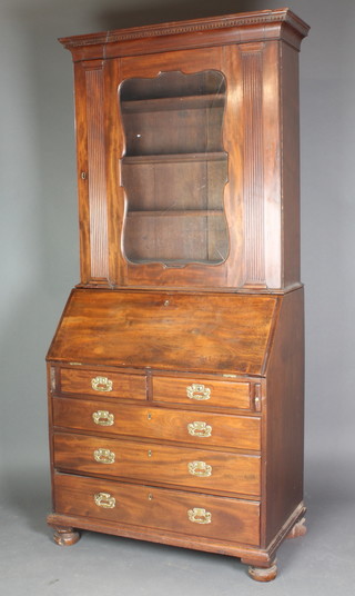 A Georgian mahogany bureau bookcase with associated top, the top with moulded and dentil cornice fitted shelves enclosed by astragal glazed panelled doors, the base fitted a fall front above 2 short and 3 long drawers with brass swan neck drop handles, raised on bracket feet 82"h x 36"w x 20 1/2"d  