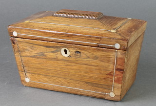 A 19th Century rosewood and inlaid mother of pearl tea caddy of sarcophagus form with hinged lid 4" x 8" x 5" 