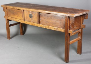 An 18th/19th Century Japanese hardwood altar table sideboard, fitted a cupboard, raised on square supports 34"h x 82"w x 20"d 