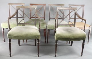 A set of 6 Georgian mahogany bar back dining chairs with X framed mid rails and upholstered seats, on turned supports