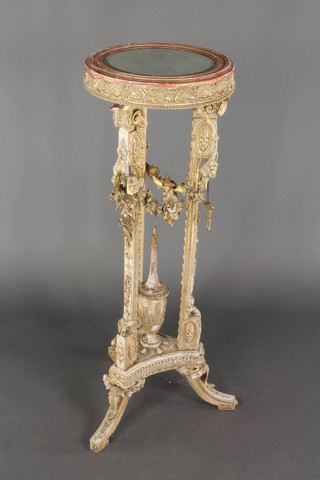 A 19th Century carved gilt wood and plaster jardiniere stand with bevelled plate mirror to the top, raised on a triform base with scroll feet 40"h x 13 1/2" diam 
