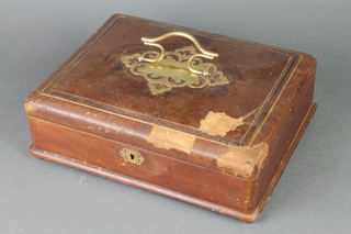 A Victorian rectangular leather covered jewellery box with hinged lid and brass plate handle 4" x 11 1/2" x 9" 