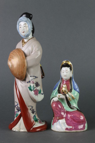 A Japanese polychrome  figure of a lady 9", a smaller ditto 