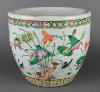 An early 20th Century Chinese famille rose jardiniere decorated with ducks amongst flowering peony 