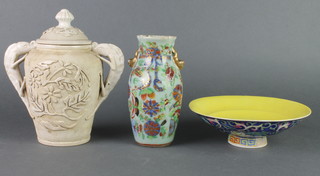 A 19th Century cream glazed oviform 2 handled vase and cover with scrolling floral decoration and stylised dragon handles 7" together with a yellow ground bowl and a Cantonese vase 
