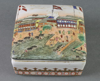 A Japanese porcelain square box decorated with a townscape 4"