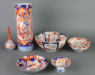 A late 19th Century Imari cylindrical vase decorated with flowers 14", 3 Imari bowls, a ditto dish and a small bottle vase 