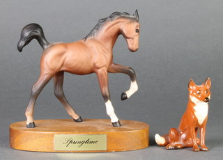 A Beswick figure of a horse - Spring Time, on a wooden base 5 1/2" together with a Beswick seated fox 3" 