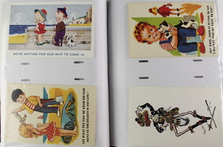 An album of various humerous coloured postcards, 1 other album of postcards and a box of cards 