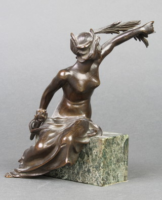 A 19th Century bronze figure of a seated semi-naked lady with garland and torch, raised on a marble base 6"