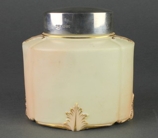 A Royal Worcester blush porcelain style tea caddy with silver lid 5" 
