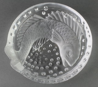 A Lalique frosted glass Koi carp dish acid etched lower case Lalique France 6" 