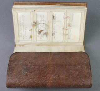 An Edwardian leather fly wallet, containing various flies and fly sprays