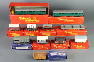 A Hornby OO gauge 3R156 S.R Suburban motor coach, ditto R225, boxed, an R10 Bogey Bolster wagon, an R12 tank wagon, an R16 break van, an R16 milk wagon, an R14 fish wagon, an R13 coal truck, an SD6 goods break van, an SD6 U.GB stand wagon and a closed goods van 