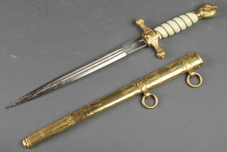 A Third Reich Naval Officer's dagger, the etched blade marked Eikhorn Solingen, some pitting to the blade and contained in a gold plated scabbard 