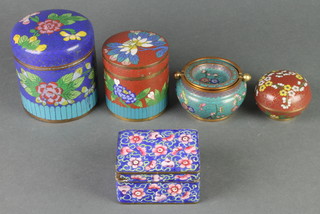 A circular green ground and floral patterned cloisonne enamelled ashtray 2", ditto jar and cover and a rectangular Chinese enamelled jar and cover 2" x 3" (some damage to the enamel) and 2 cylindrical boxes