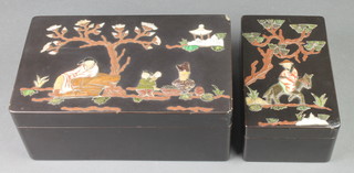 A rectangular Chinese lacquered box and cover, the lid with hardstone decoration inlaid a figure of a tree 4" x 9" x 5 1/2" (chip to lid)  together with a small box decorated a figure and donkey 3" x 6 1/2" x 4" (slight chip to lid)