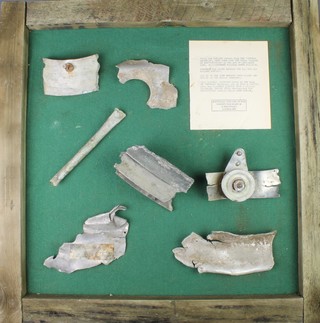 Of First World War Zeppelin interest, various pieces from Cuffley Zeppelin, shot down over Herefordshire on 3rd September 1916 by Lieutenant William Leefe Robinson, with Whitehall Theatre of War, London War Museum, 14 Whitehall, stamp 