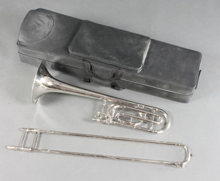 A silver trombone by Maestro marked STT-201