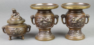 A pair of 19th Century Japanese bronze twin handled vases decorated birds  3 1/2" together with a circular Koro the lid decorated a dragon 3"