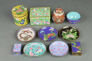 A rectangular cloisonne green ground and floral patterned jar and cover 2"h x 4"w, a cylindrical ditto 3", ditto ginger jar 3", circular bowl 3", an oval dish 4", 2 match slips and 4 small dishes 