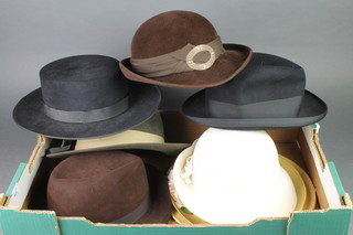 A black felt fedora by Clasico Andalez, a black Homburg hat by Dunns, a green trilby by Joule & Son, a brown trilby by Selfridges and 4 ladies hats