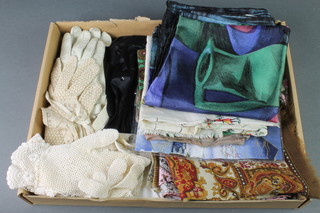 A collection of silk head scarves, gloves etc 