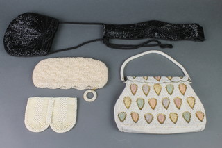 A white bead work purse, a black bead work belt, 3 bead work evening bags