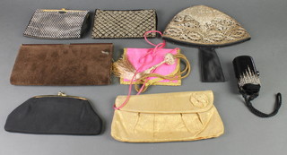 A suede clutch bag, 6 other bags and a black plastic make up box 