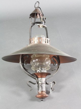 A Victorian style copper and wrought iron hanging light with glass shade 